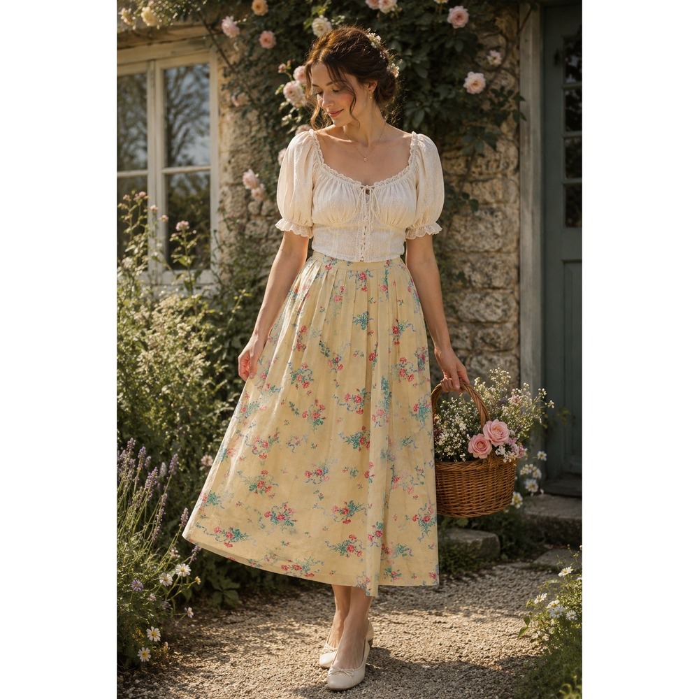 Boho Cottage J. Christopher Vintage Y2K Yellow Floral Pleats Cotton Midi 6 Skirt
